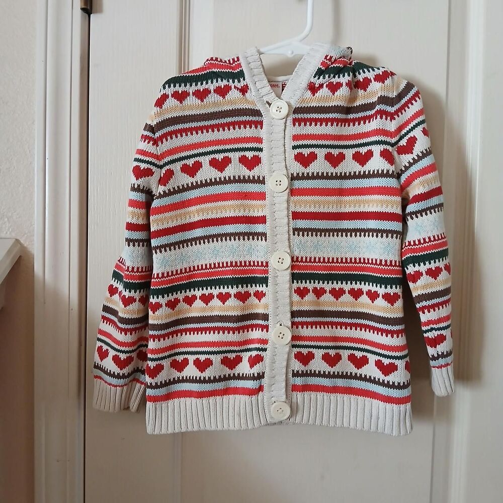 Y2K Vintage Gymboree Mountain Cabin Heart Fair Isle Striped Hooded Cardigan 5